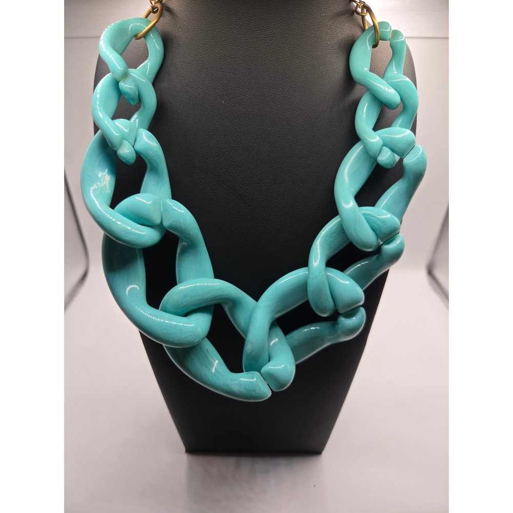 Kenneth Jay Lane Turquoise Blue Chunky Resin Link Statement Necklace Gold Tone